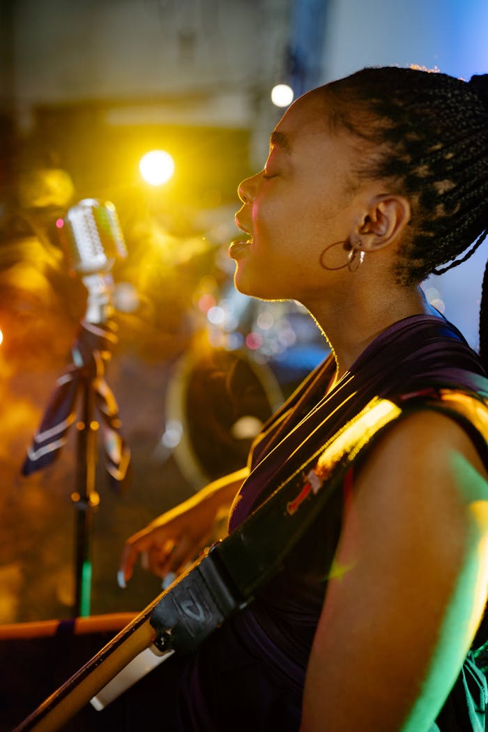 Dynamic stage performance of a woman singing at a lively concert.